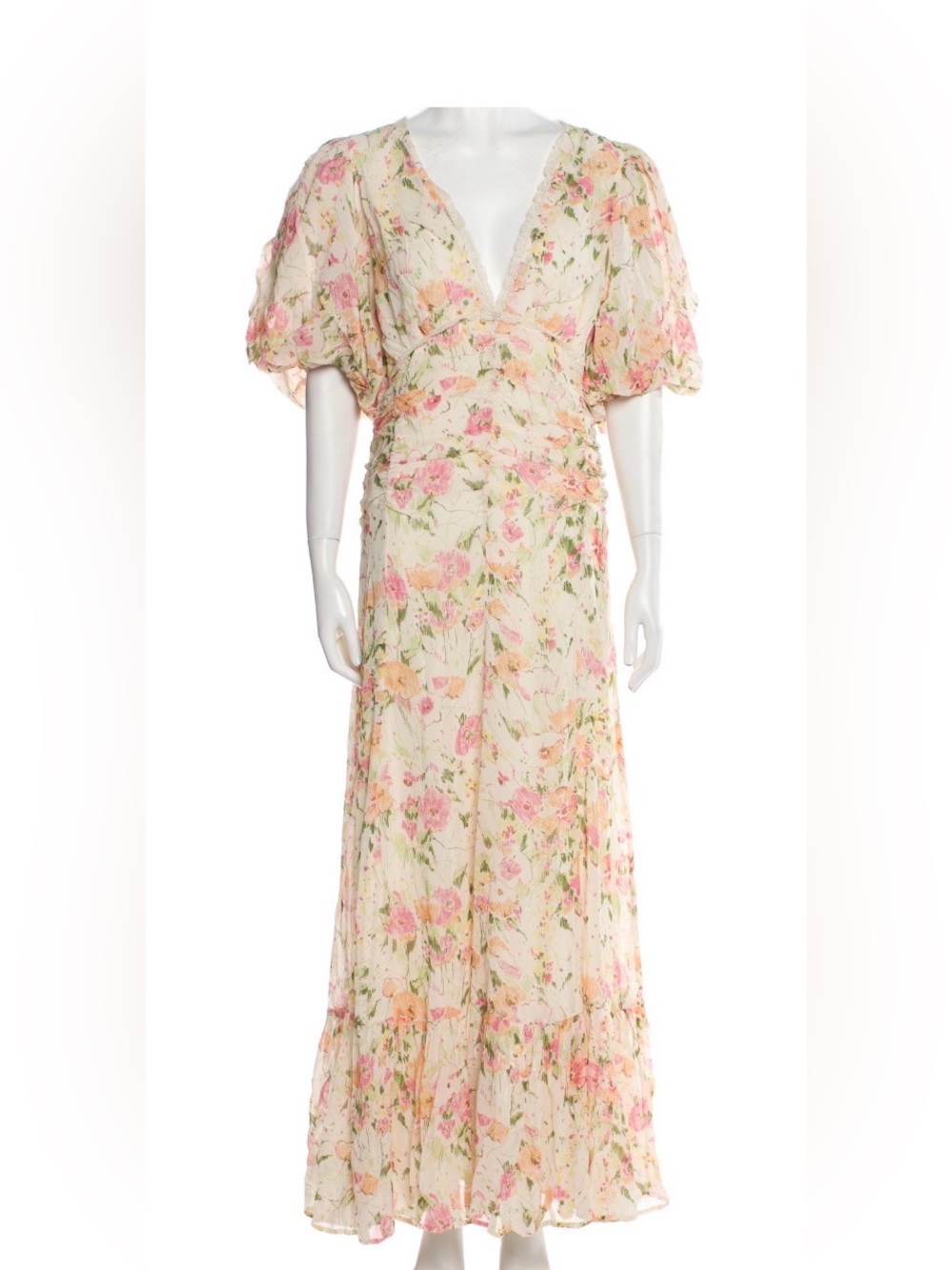 ByTimo Floral V-Neck Puff Sleeve Maxi Dress in Cream and Pinks